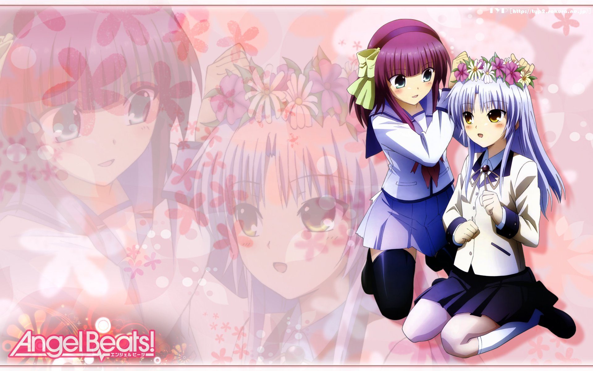 HD anime wallpaper featuring Yuri Nakamura and Kanade Tachibana from Angel Beats!, with a soft pink floral background and the series logo in the corner.