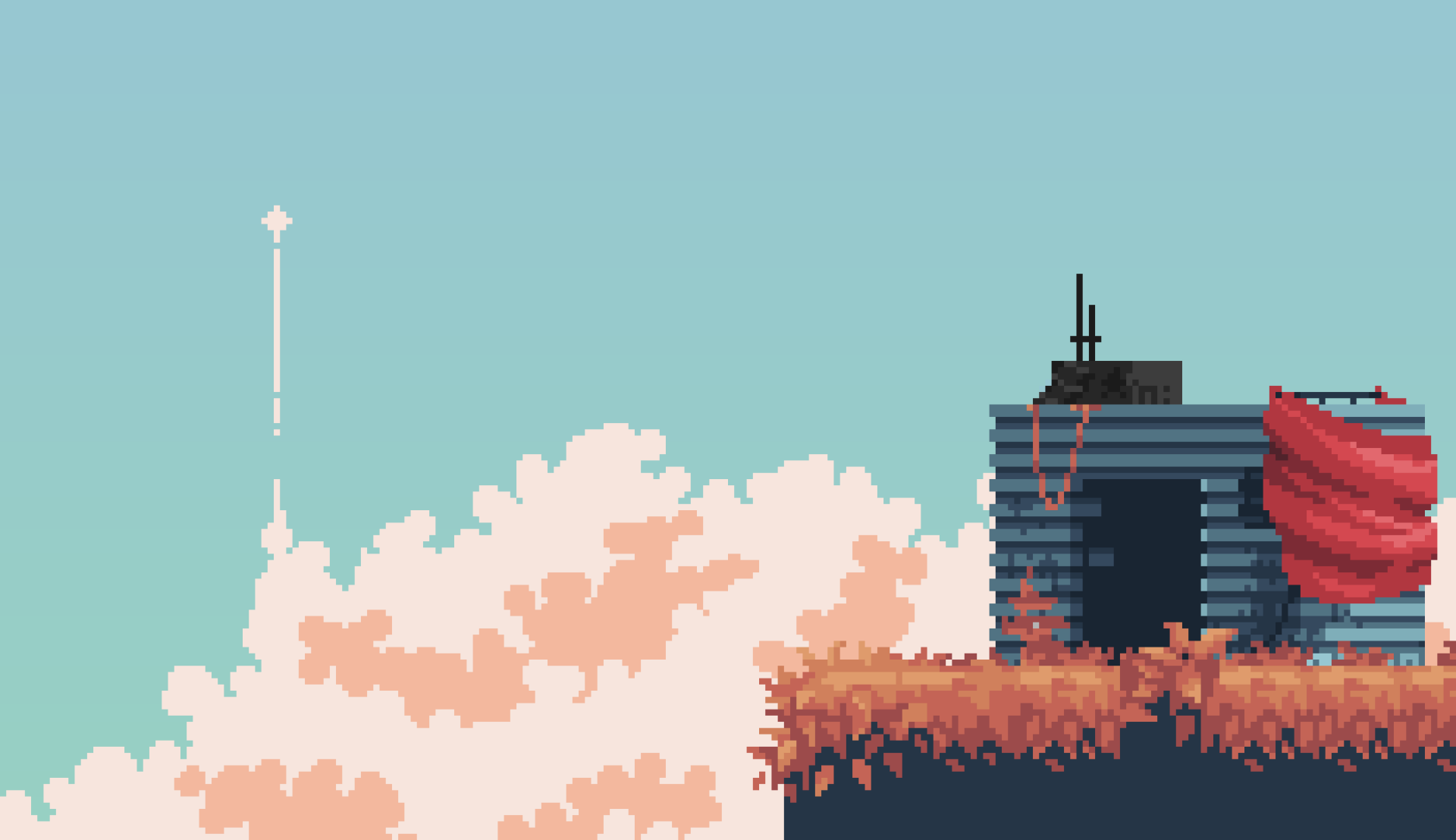 HD PC desktop wallpaper featuring artistic pixel art of a rocket launching beside a futuristic building with clouds and a clear blue sky in the background.