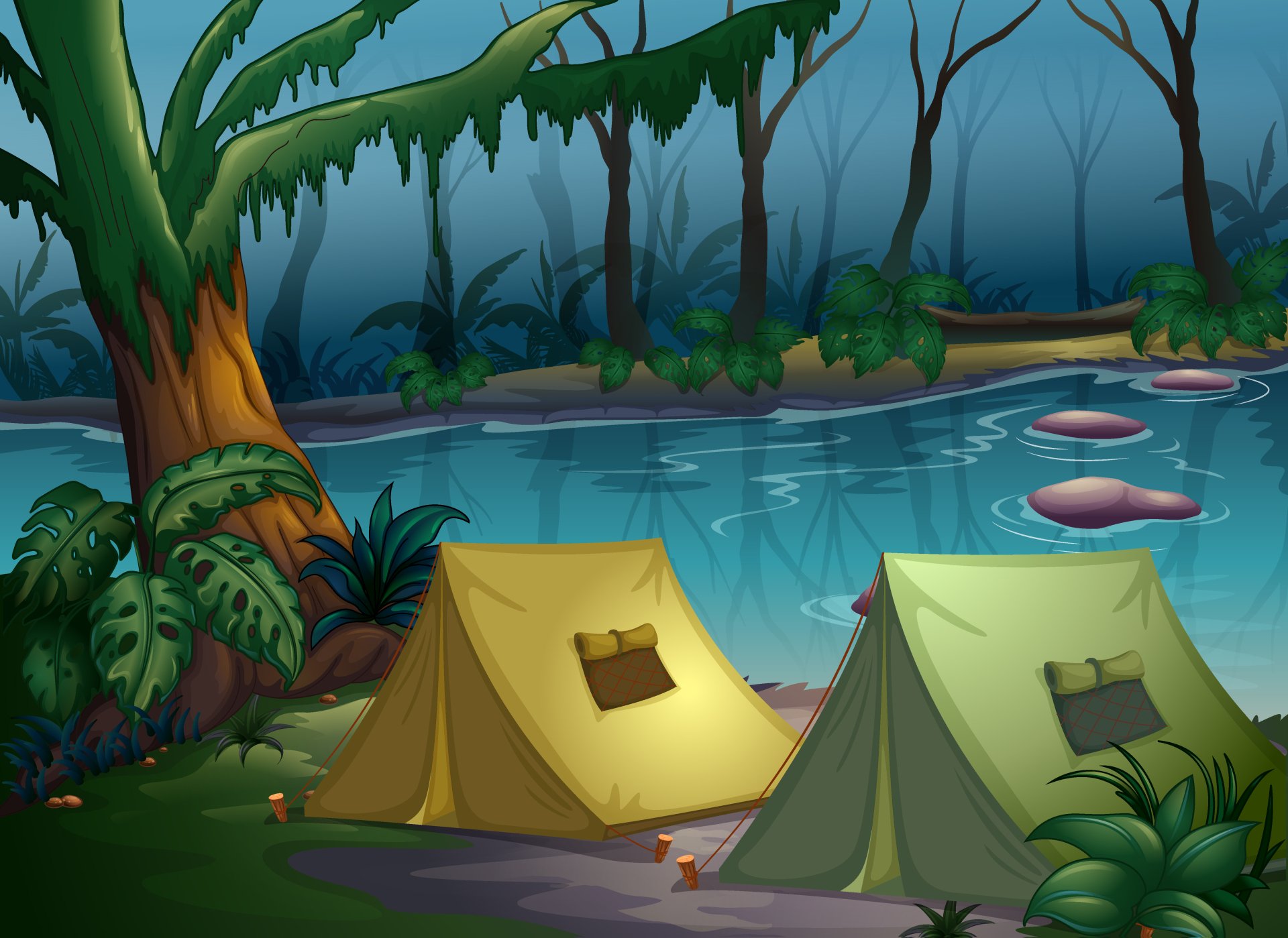HD desktop wallpaper of a serene camping scene with two tents by a tranquil forest lake at night.