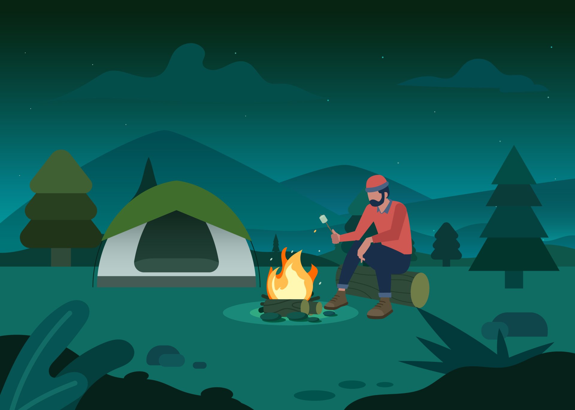 An artistic HD wallpaper depicting a camper sitting by a fire near a tent, surrounded by mountains and trees under a starry night sky.