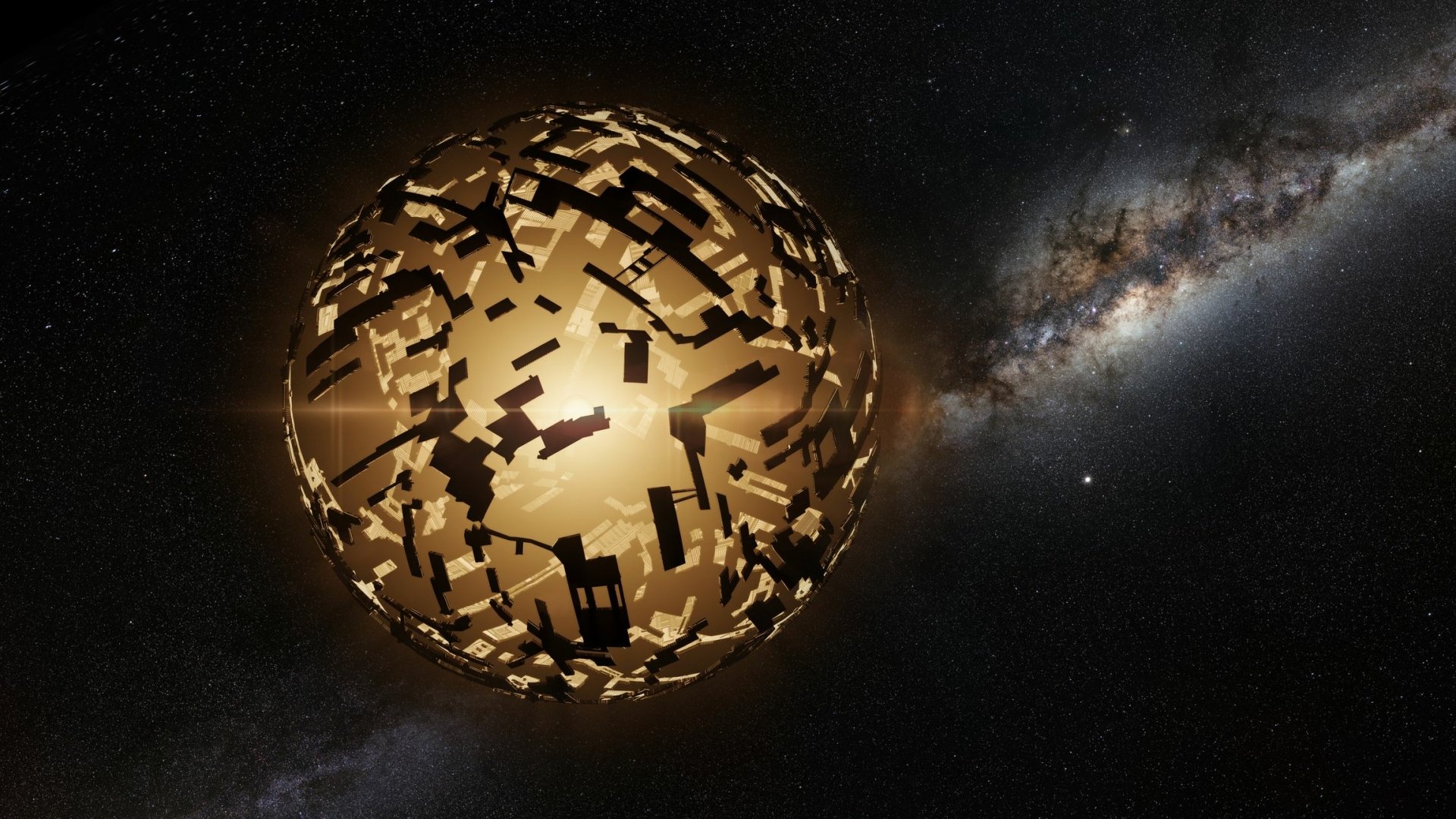 HD desktop wallpaper featuring a conceptual Dyson Sphere in space with a galaxy in the background.