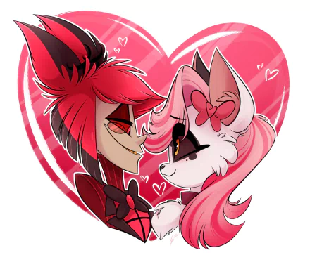 HD PC desktop wallpaper featuring Alastor from the TV show Hazbin Hotel, showing him with a pink-haired character against a heart-filled background.