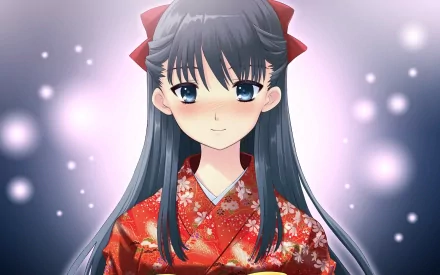 Anime HD PC desktop wallpaper: Stray Cat Overrun! character — blushing girl in a red floral kimono, long dark hair with ribbon bows, soft glowing bokeh background.
