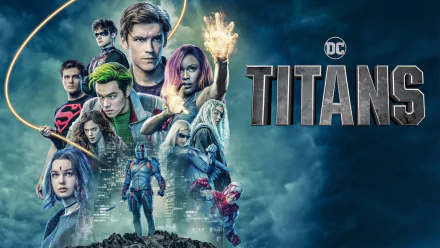HD PC desktop wallpaper/background for the DC TV show Titans, showing the team of costumed heroes in dramatic poses against a stormy blue sky with the TITANS logo.