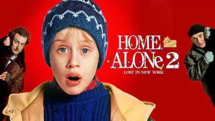 HD desktop wallpaper featuring Macaulay Culkin as Kevin McCallister from the movie Home Alone 2: Lost in New York, with a vibrant red background and iconic logo.