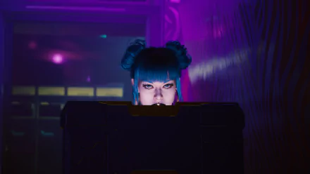 A HD desktop wallpaper featuring a neon-lit cyberpunk scene from the video game Cyberpunk 2077. A mysterious cyborg with blue hair appears in the purple futuristic background, creating a vivid, immersive atmosphere.