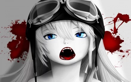 HD desktop wallpaper featuring Shinobu Oshino from Bakemonogatari, with a backdrop of blood splatters. The anime-style character is in grayscale except for her blue eyes, with an open mouth displaying sharp fangs.
