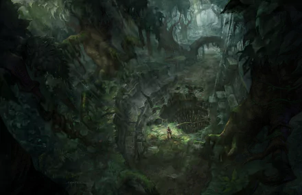 Lara Croft (Tomb Raider: Underworld) in a sunlit, mossy ruined cavern, tiny figure amid ancient stone and foliage — 4K Ultra HD PC desktop wallpaper.