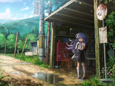 HD anime wallpaper featuring Furude Rika from Higurashi When They Cry with long purple hair and eyes, standing by a rustic bus stop in a lush, rural setting.