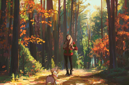 Anime girl walks with a dog through a sunlit forest, surrounded by vibrant autumn foliage in this HD PC desktop wallpaper and background.