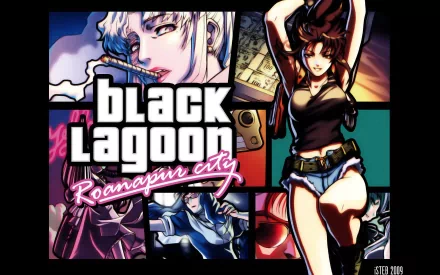 Anime-inspired HD wallpaper featuring characters from *Black Lagoon*, showcasing dynamic action elements and vibrant colors, set in the backdrop of Roanapur City.