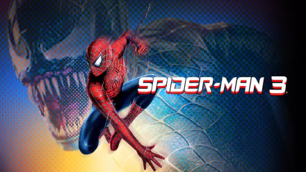 HD PC desktop wallpaper from the movie Spider-Man 3: Spider-Man in his red suit lunging forward with a looming Venom symbiote face behind and the SPIDER-MAN 3 logo.