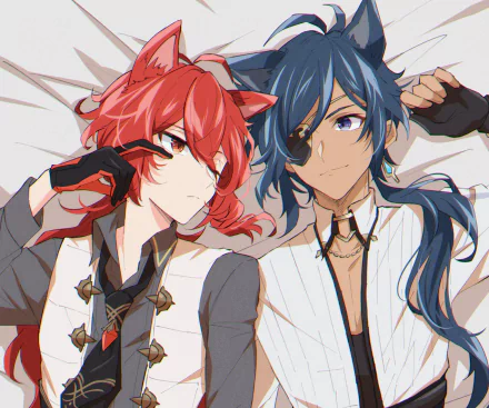 HD PC desktop wallpaper featuring Diluc and Kaeya from the video game Genshin Impact in detailed anime-style artwork.