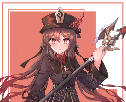HD desktop wallpaper featuring Hu Tao from Genshin Impact, portrayed with her signature hat and staff, set against a warm, red background.
