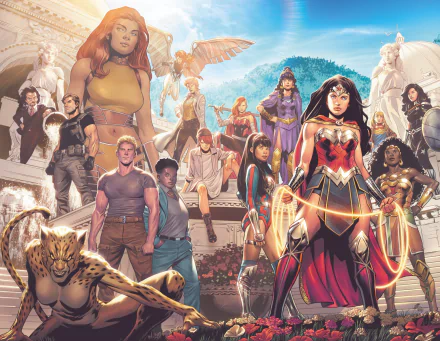 HD PC desktop wallpaper: comic Wonder Woman at center, lasso aglow, leading diverse heroes and mythic allies across a sunlit classical cityscape background.