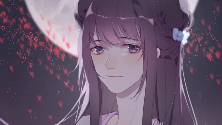 Jiang Yanli from Mo Dao Zu Shi, anime portrait smiling softly beneath a full moon with drifting red petals — HD PC desktop wallpaper/background.