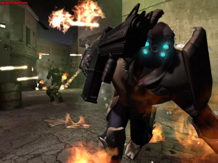 A dark, intense video game scene featuring a soldier in futuristic armor with glowing blue eyes amidst explosions and fire, confronting monstrous foes in a war-torn urban setting.
