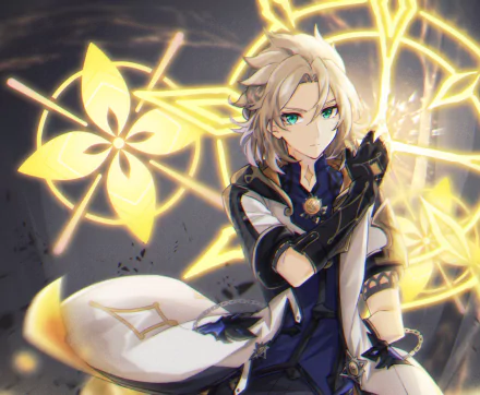 HD desktop wallpaper featuring Albedo from the video game Genshin Impact. Albedo is portrayed with a determined expression, with bright, glowing geometric symbols in the background.