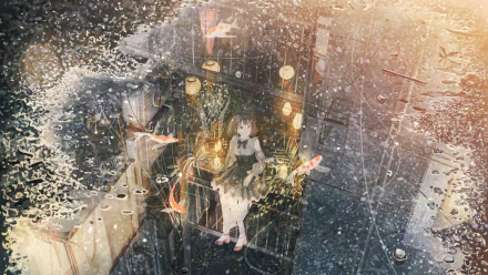 2K Quad HD PC desktop wallpaper: anime girl at night reflected in a rain puddle, glowing lanterns and koi fish forming a dreamy urban reflection.