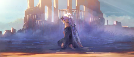 HD PC desktop wallpaper featuring Sakura Ritsuki, an anime-style Virtual YouTuber, set against a misty, ruined architectural backdrop with soft lighting.