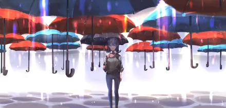 HD desktop wallpaper featuring an anime girl standing among numerous floating umbrellas in various colors, creating a whimsical and vibrant background.