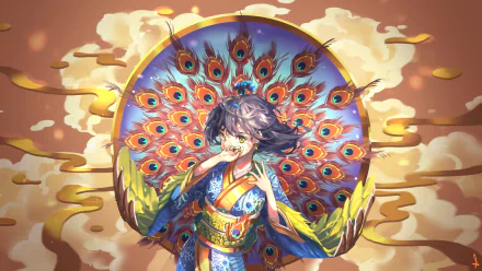 HD anime girl desktop wallpaper featuring a young girl with a colorful peacock feather display in the background, set against a vibrant, artistic backdrop.