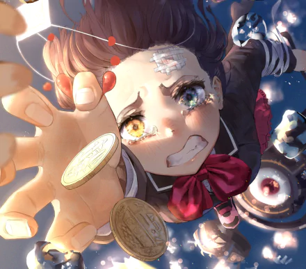 HD anime wallpaper featuring Rikka Takanashi from Love Chunibyo & Other Delusions with distinct heterochromia eyes, reaching forward amidst falling coins in dynamic motion.