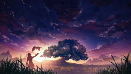 HD desktop wallpaper featuring Diluc from Genshin Impact in a serene landscape at dusk, with a large tree and dramatic sky in the background.