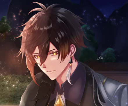 HD desktop wallpaper of Zhongli from Genshin Impact, featuring his brown hair and striking yellow eyes set against a night sky with soft lighting.