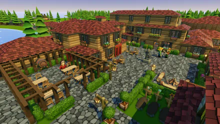 HD desktop wallpaper of Founders' Fortune game depicting a vibrant village scene with characters and wooden buildings.