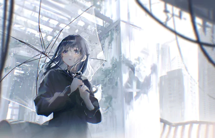 Anime girl holding a transparent umbrella in a softly lit urban setting, captured in detailed 4K Ultra HD for a vivid PC desktop wallpaper.