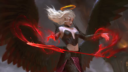A fantasy angel with white hair, glowing halo, and dark wings wields fiery red energy in a dynamic 4K Ultra HD desktop wallpaper scene.
