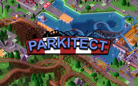 HD desktop wallpaper of Parkitect game with vibrant amusement park and roller coasters, displaying the game's logo.