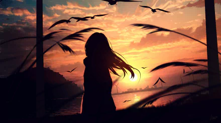 Anime girl silhouette against a vibrant sunset sky with birds flying and gentle grass swaying, designed as an HD desktop wallpaper.
