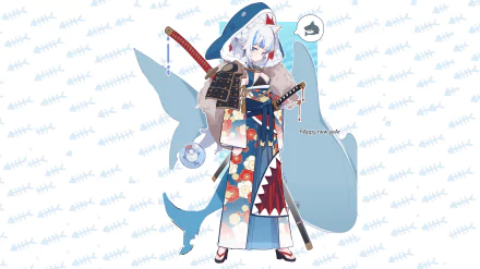 HD desktop wallpaper featuring Gawr Gura, an anime-inspired character and Virtual YouTuber, dressed in a colorful kimono with a shark-themed design. The background includes light blue fishbone patterns.