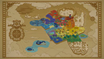 HD desktop wallpaper featuring a colorful map from Paper Mario: Color Splash with various in-game locations.