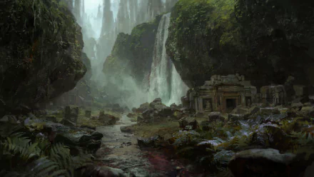 HD desktop wallpaper of a mystical waterfall scene from Path of Exile, featuring ruins and lush greenery in a foggy atmosphere.