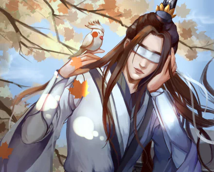 HD PC desktop wallpaper of Xiao Xingchen from Mo Dao Zu Shi, featuring him with long hair, a blindfold, and a small bird perched on his hand under autumn leaves.