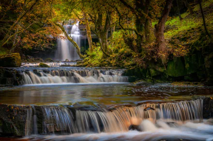 HD desktop wallpaper showcasing a serene English river with cascading waterfalls surrounded by lush autumnal trees in a peaceful natural setting.