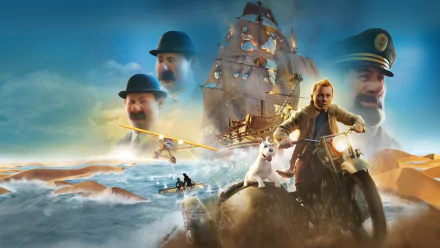 8K Ultra HD PC desktop wallpaper featuring characters and a ship from the movie The Adventures of Tintin in an adventurous ocean setting.
