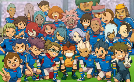 HD wallpaper featuring a vibrant group of Inazuma Eleven Strikers characters for desktop background.