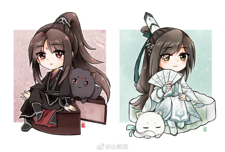 Chibi-style characters from the anime The Scum Villain's Self-Saving System with two figures seated, one in dark robes with a black cat and the other in white robes with a white cat, HD desktop wallpaper.