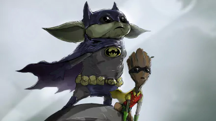 Grogu (Star Wars) Robin (DC Comics) Batman baby yoda Baby Groot Comic crossover HD Desktop Wallpaper | Background Image