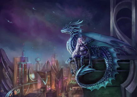 Fantasy HD PC desktop wallpaper featuring a majestic blue dragon perched beside a silver-haired warrior overlooking a glowing futuristic cityscape at night.