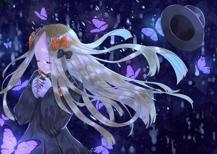 4K Ultra HD PC desktop wallpaper: blonde Abigail Williams (Fate/Grand Order) anime, long hair and hat, eyes closed among glowing blue and purple butterflies against a dark, rain-speckled background.