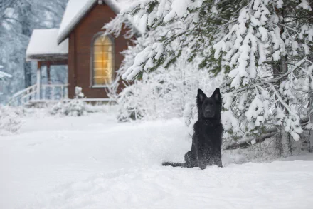 A black German Shepherd sits in the snow beneath snow-covered trees, with a cozy cabin softly lit in the snowy winter background.