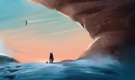 4K Ultra HD desktop wallpaper featuring The Mandalorian and Baby Yoda from the Star Wars TV show The Mandalorian against a pastel sky and rocky landscape.