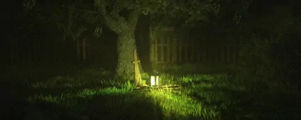 A hauntingly beautiful HD wallpaper featuring a dimly lit graveyard, illuminated by a lantern near a grave, surrounded by tall grass and an eerie tree.