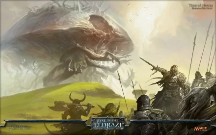 HD PC desktop wallpaper featuring a dramatic Magic: The Gathering scene with armored warriors confronting a colossal, ethereal Eldrazi creature on a misty battlefield.