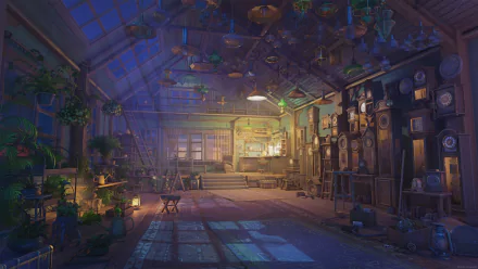 HD desktop wallpaper featuring an anime-style room filled with clocks and illuminated with a soft, warm light. The room includes plants, wooden furniture, and large windows, creating a cozy yet spacious atmosphere.